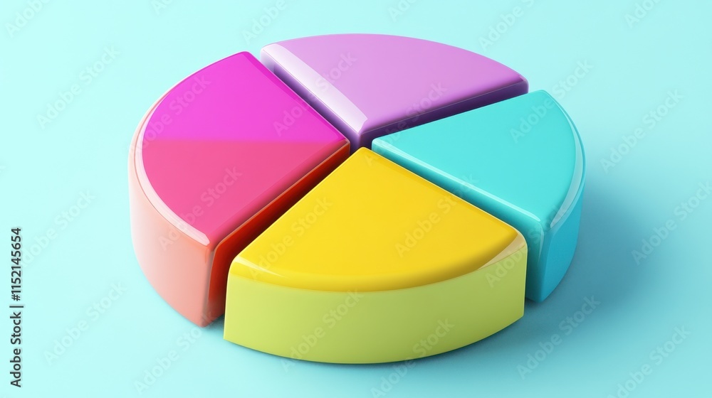 Poster colorful pie chart segments in vibrant shades on a soft blue background, illustrating data visualiza