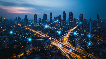 Fototapeta premium Smart digital city with connection cyber security network reciprocity over the cityscape . future smart wireless digital city and social media networking systems that connects people within the city