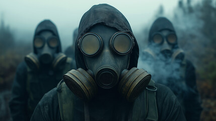 A group of individuals wearing gas masks, shrouded in a hazy, ominous atmosphere and polluted environment.