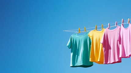 Clothes hanging on a laundry line to dry outdoors against a bright blue sky
