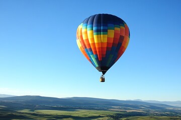 Naklejka premium vibrant hot air balloon rising into clear blue sky over sprawling green valley