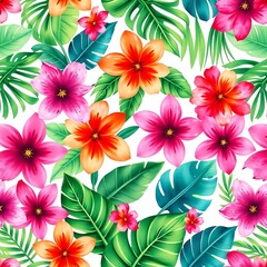 Obraz premium Tropical Watercolor Floral Pattern: Vibrant hibiscus flowers and lush tropical foliage create a seamless pattern, perfect for summer designs, textiles, and digital projects. 