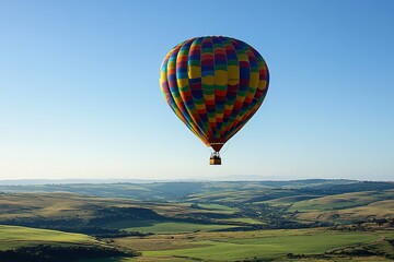 Fototapeta premium vibrant hot air balloon rising into clear blue sky over sprawling green valley