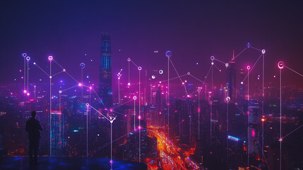 Obraz premium Smart digital city with connection cyber security network reciprocity over the cityscape . future smart wireless digital city and social media networking systems that connects people within the city