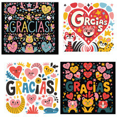 Gracias typography lettering set or bundle vector illustration, Thank you in Spanish ( Mexican ) language, Hand drawn or handwritten calligraphy Inscription sign  water color appreciation card. print
