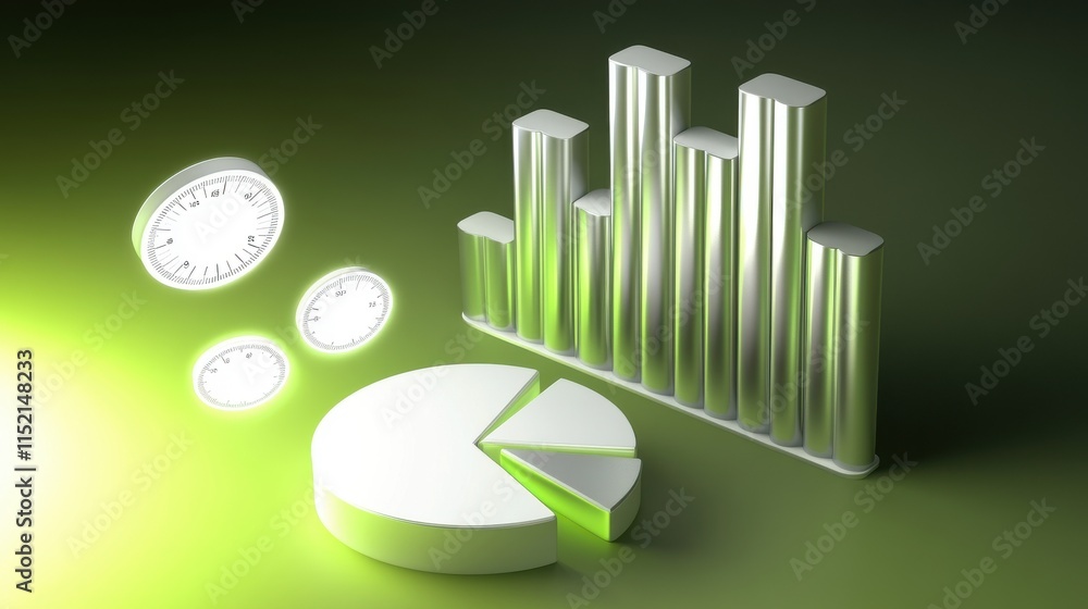 Aufkleber a modern 3d data visualization featuring bar graphs and pie charts in sleek metallic gray and vibran