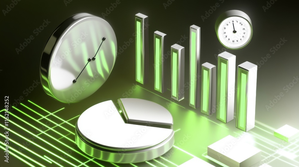 Poster abstract representation of digital analytics with green charts and graphs against a dark background.