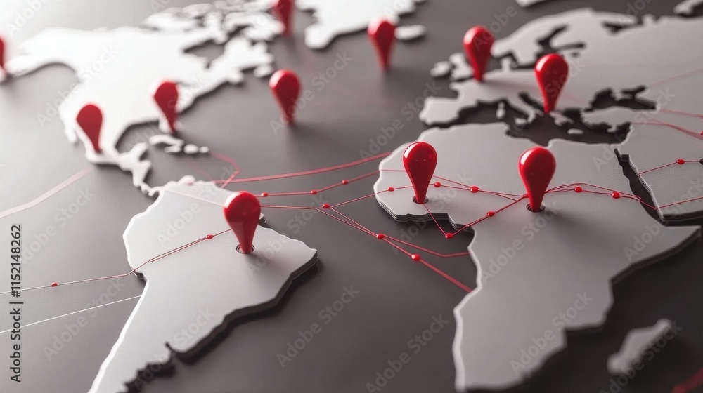 Poster a close-up view of a world map showcasing red location pins in various regions, symbolizing global c