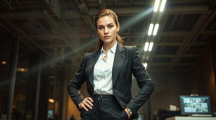 Fototapeta premium woman in a suit stands confidently in a business setting