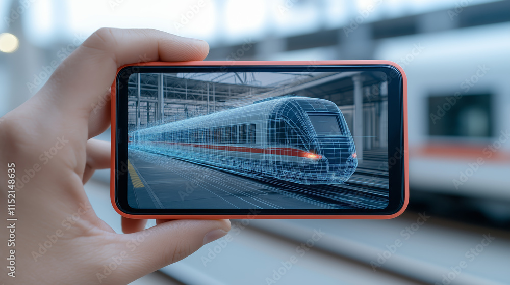 Poster a hand holding a smartphone displaying an augmented reality blueprint of a modern train, blending in
