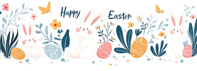 Vector illustration of an Easter banner with cute bunnies, eggs, and a floral pattern in a turquoise color on a white background. Hand-lettered text reads "Happy Easter"