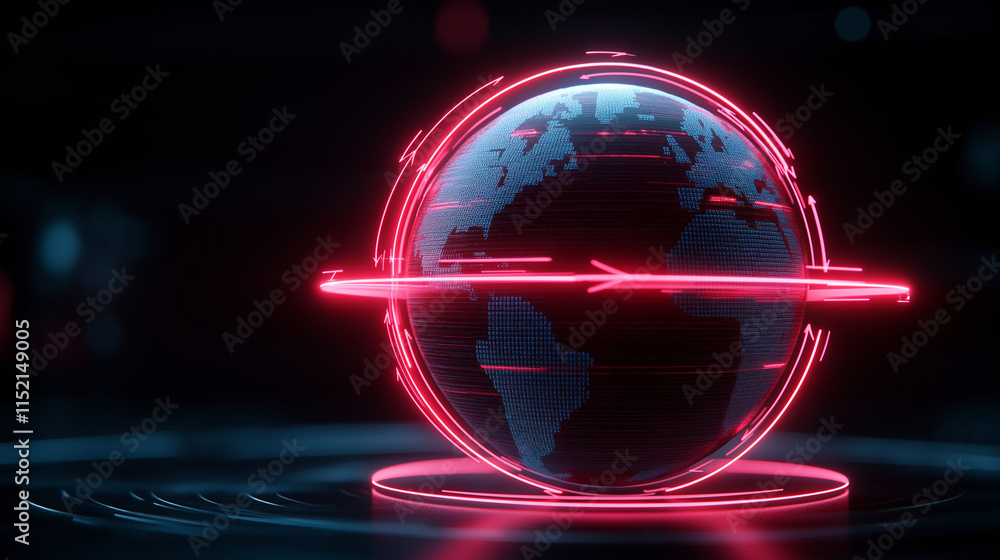 Aufkleber a futuristic 3d globe illuminated by glowing red arrows, symbolizing global connectivity and digital