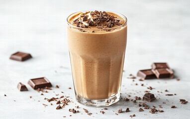 A chocolate protein shake in a tall glass with chocolate shavings, isolated on a white background