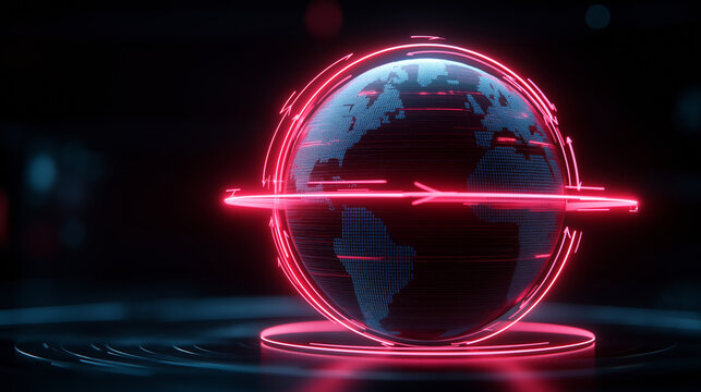 A futuristic 3D globe illuminated by glowing red arrows, symbolizing global connectivity and digital technology in a high-tech setting.