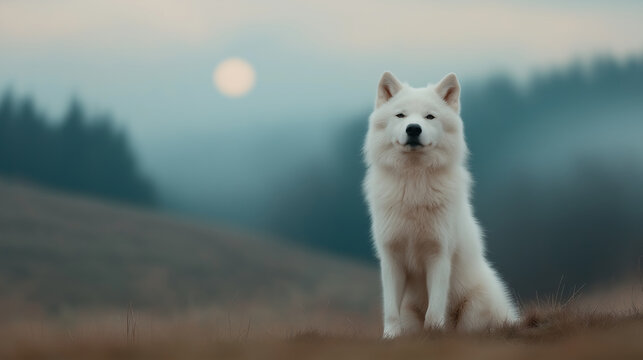 A majestic white dog sitting in a misty meadow with a serene forest backdrop under a soft twilight, capturing the essence of calm and wilderness. - Powered by Adobe