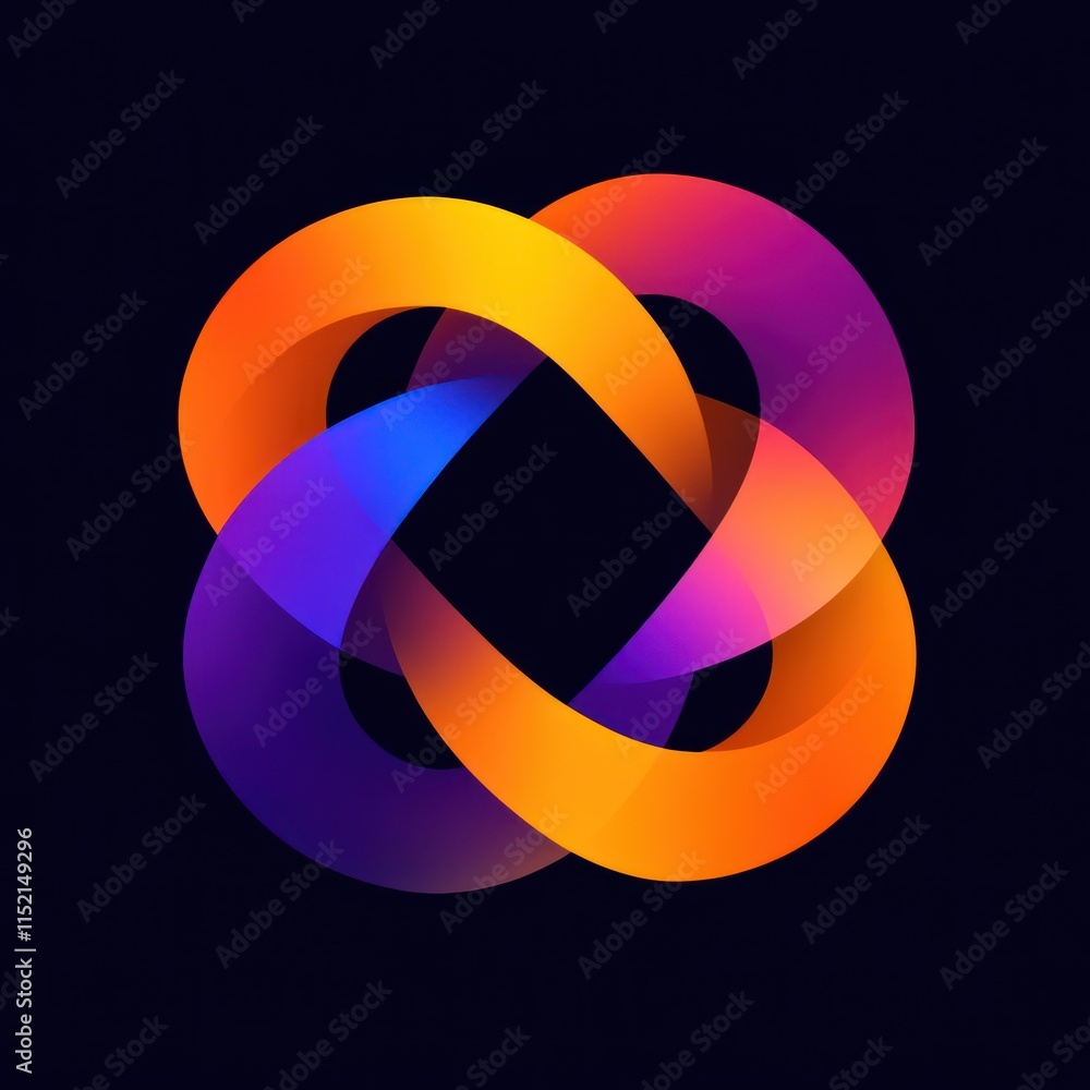Poster abstract colorful intertwined shapes forming a knot-like design on a dark background.