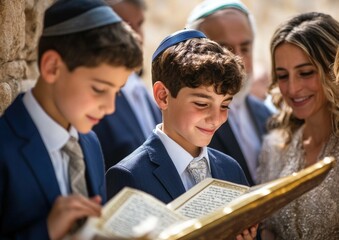 Jewish boys in traditional attire celebrating bar mitzvah ceremony