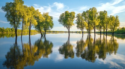Obraz premium Serene landscape of trees reflecting on a calm lake under a blue sky.