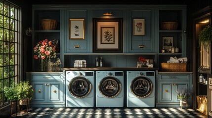 Elegant laundry room with teal cabinetry, three washing machines, and natural light.