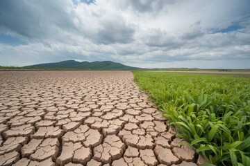 Fototapeta premium A cracked soil path stretches through vibrant green grass under a cloudy sky, highlighting the contrast between drought and fertile land
