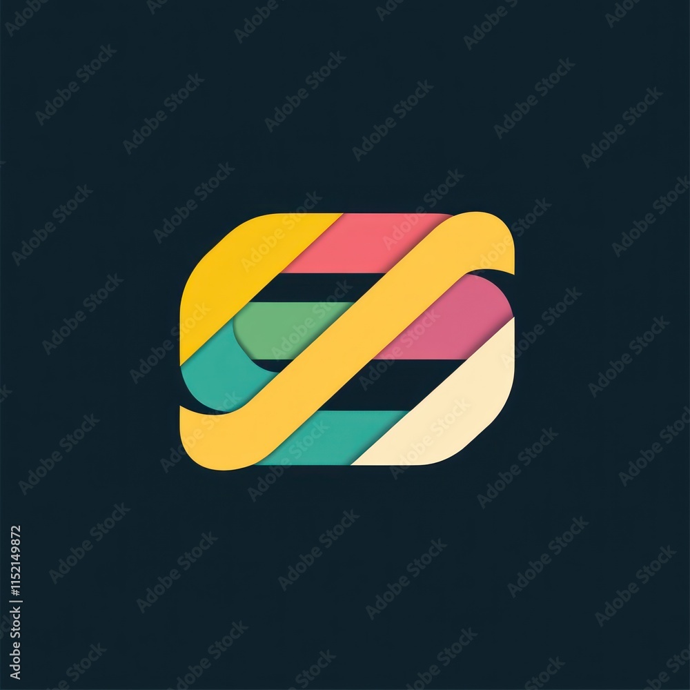 Poster abstract colorful logo design with layered overlapping shapes forming an s-like form on a dark backg
