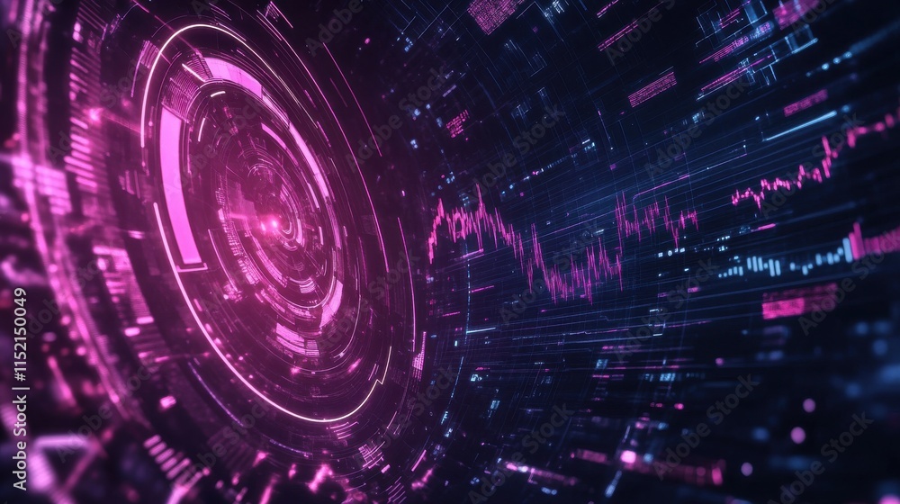 Poster futuristic digital background in shades of purple and blue, featuring abstract patterns and data vis
