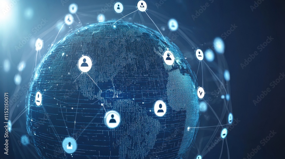 Poster a digital globe interconnected with icons representing users, symbolizing global connectivity and co