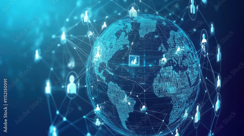 Poster a digital representation of a global network featuring interconnected nodes and icons symbolizing pe