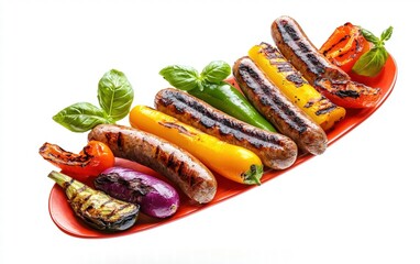 A colorful sausage platter floating mid-air with grilled vegetables, isolated on white