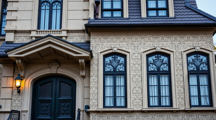 A beige, ornate house exterior featuring a dark blue double door, arched windows with decorative metalwork, and a dark gray roof.  The building shows detailed stonework and architectural design.