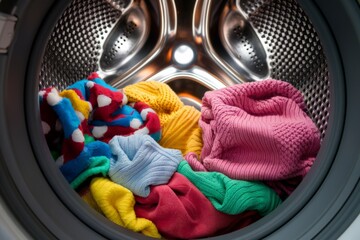 Lots of colorful clothes inside the washing machine.