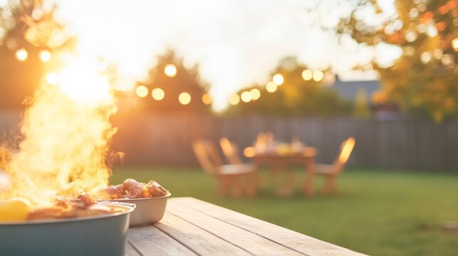 Cozy Backyard Potluck Gathering at Sunset with String Lights and Steaming Dishes