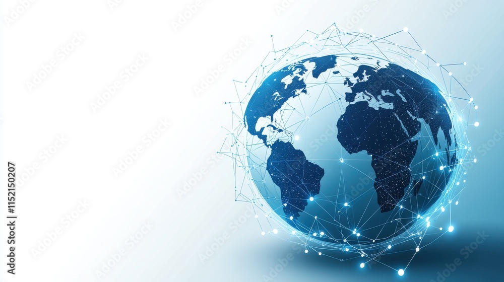 Poster a digital representation of the earth, showcasing interconnected networks with a blue and white colo