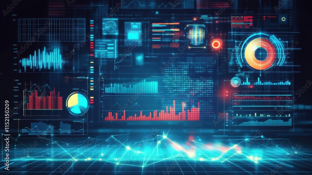 Poster futuristic data visualization interface featuring various graphs and charts in vibrant colors agains