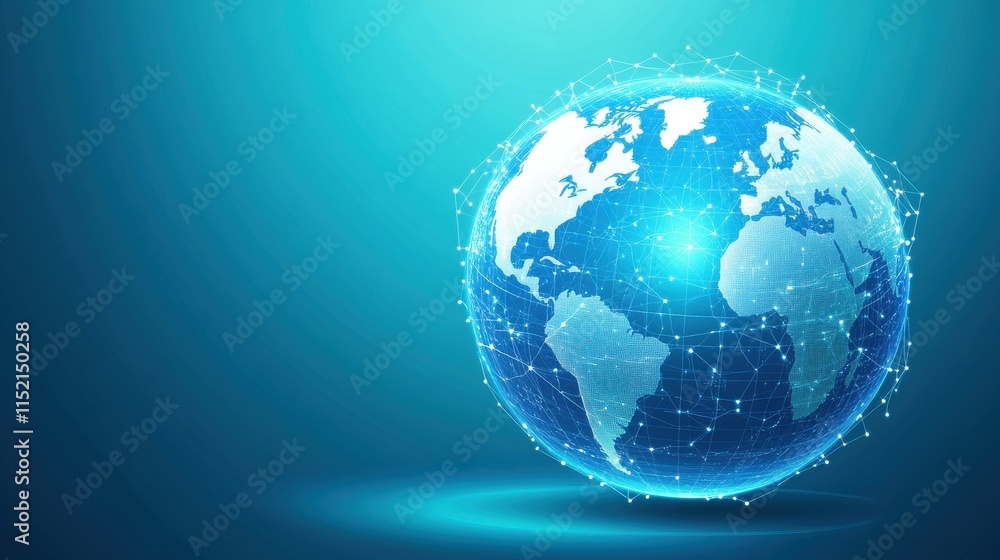 Poster a 3d digital globe illustration showing interconnected network nodes across continents, glowing on a