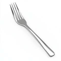 A sleek, stainless steel fork lying against a clean white background, showcasing its elegant design.