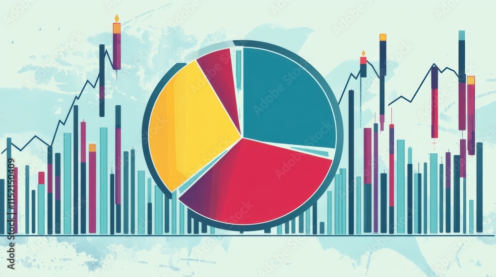 Poster vibrant data visualization showcasing a pie chart and bar graphs representing financial trends.