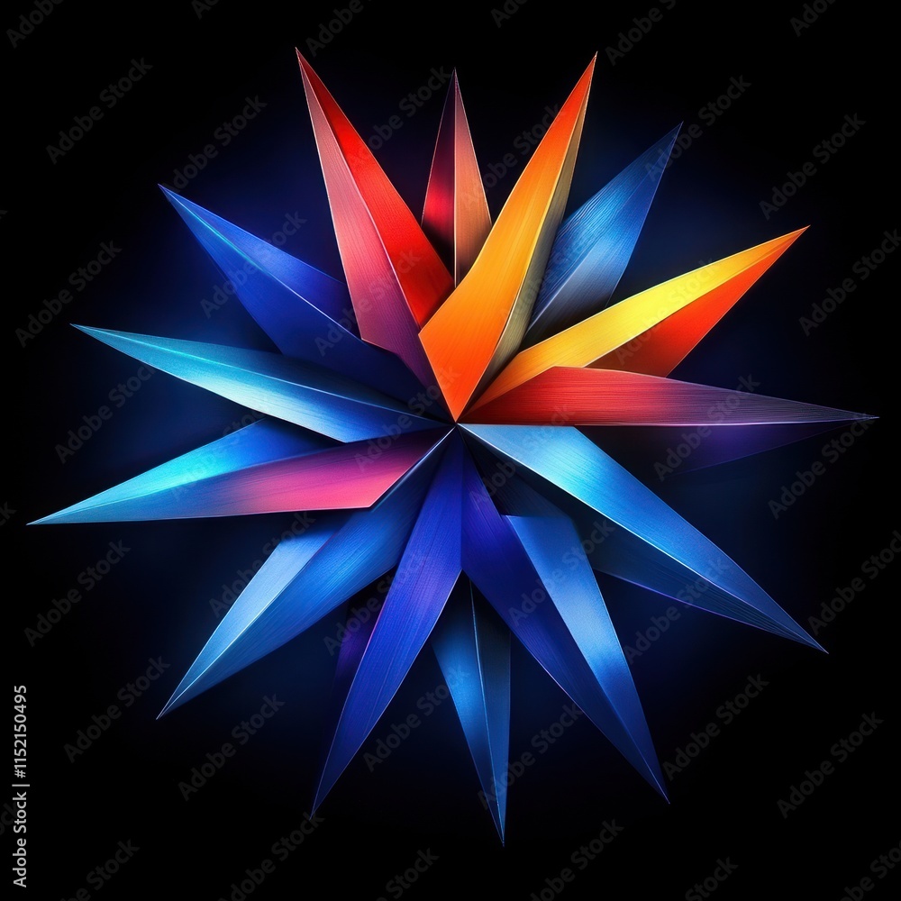 Aufkleber abstract colorful starburst design with sharp points and vibrant hues against a black background.