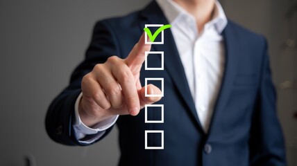 Businessman hand point to tick correct sign mark in checkbox for quality document control checklist and business approve project concept.
