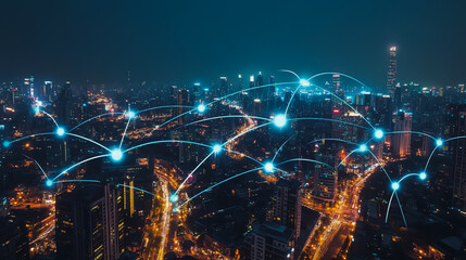 Smart digital city with connection cyber security network reciprocity over the cityscape . future smart wireless digital city and social media networking systems that connects people within the city