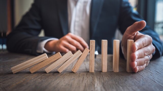 Concept of business control by stopping domino effect.