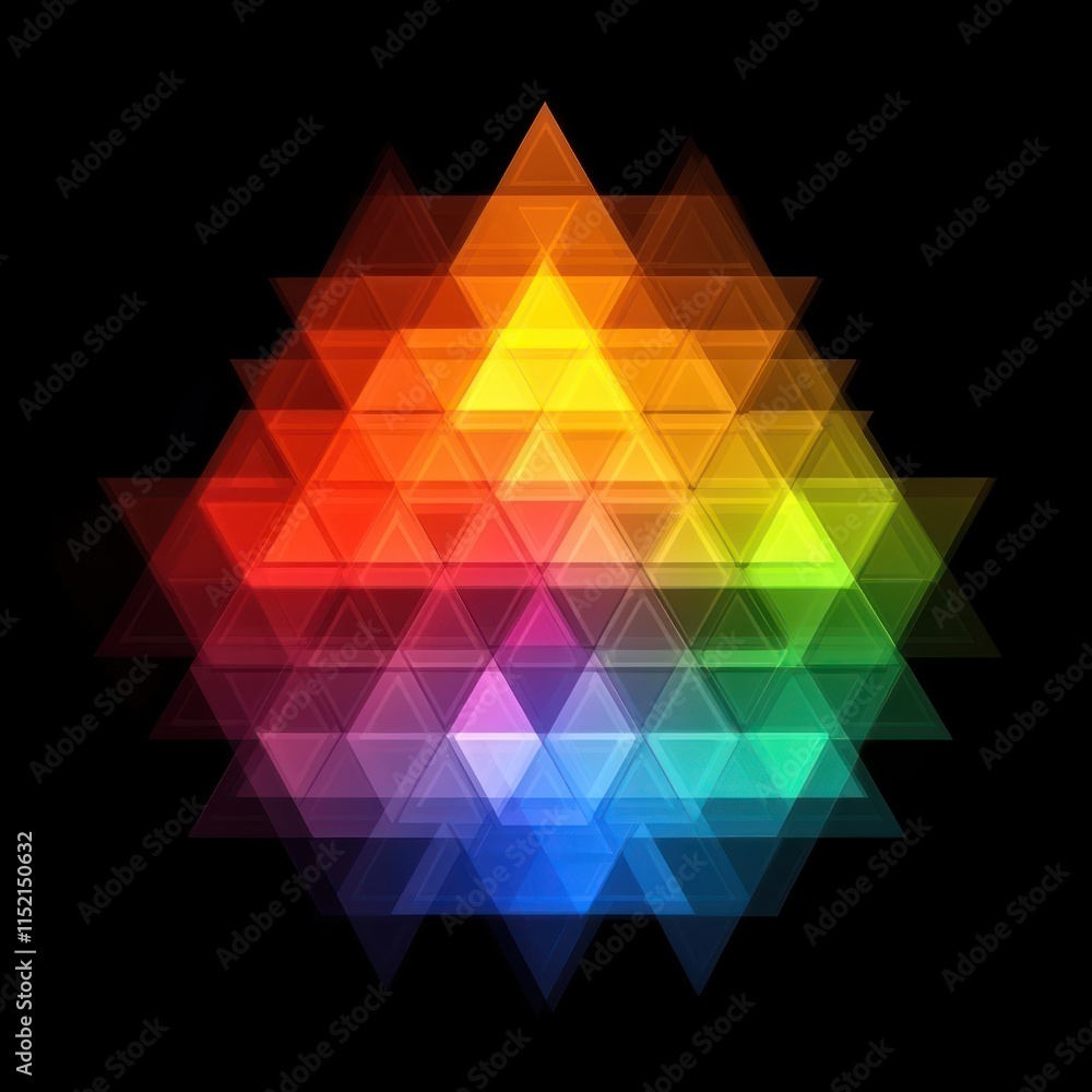 Poster abstract colorful triangle pattern on black background.