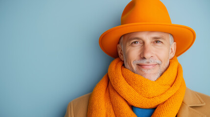 A stylish senior man wearing a bright orange hat and scarf, exuding warmth, wisdom, and personality against a pastel blue background.