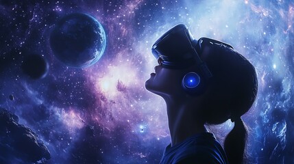 Young female immersed in virtual reality headset in cosmic space scene