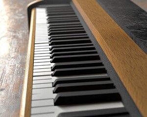 Close-up view of a stylish piano keyboard featuring black and white keys with a wooden finish, creating an elegant ambiance.