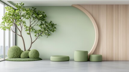 A modern interior featuring a light green wall, circular wooden accent, cushioned seating, and a small tree, creating a serene and stylish atmosphere.
