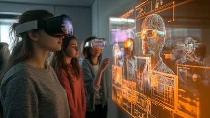 Obraz premium Young females engaging with futuristic virtual reality technology in interactive environment