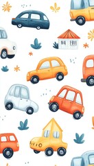 Seamless Pattern. Watercolor Illustration With Cute Cars , Vans, Family Houses For Baby Boy.