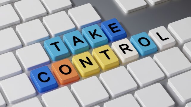 Computer keyboard with phrase Take control.