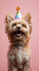 Naklejka premium Yorkshire Terrier wearing a colorful party hat against a pink background, perfect for birthday-themed designs and pet-related content.